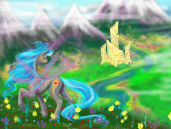 Size: 1600x1200 | Tagged: safe, artist:cathykitcat, queen chrysalis, g4, female, flower, hive, mountain, raised hoof, river, smiling, solo