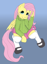 Size: 1000x1366 | Tagged: safe, artist:bigmacintosh2000, fluttershy, g4, clothes, cute, looking up, shoes, sitting, skirt, socks, sweater, sweatershy, turtleneck