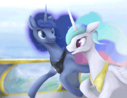 Size: 630x489 | Tagged: safe, artist:rodrigues404, princess celestia, princess luna, alicorn, pony, g4, animated, female, flowing mane, idle animation, mare, open mouth, running