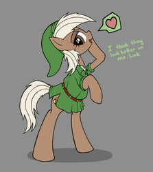 Size: 1390x1560 | Tagged: safe, artist:anearbyanimal, earth pony, pony, bipedal, clothes, epona, epony, female, heart, mare, ponified, simple background, solo, the legend of zelda, tunic