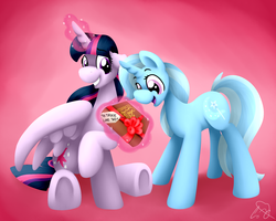 Size: 2000x1600 | Tagged: safe, artist:carolynmaples, trixie, twilight sparkle, alicorn, pony, g4, book, female, lesbian, mare, present, ship:twixie, shipping, twilight sparkle (alicorn), underhoof