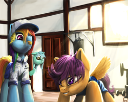 Size: 1280x1024 | Tagged: safe, artist:nemo2d, lyra heartstrings, rainbow dash, scootaloo, pegasus, pony, unicorn, fanfic:broken toy, g4, :t, blowing whistle, clothes, coach, floppy ears, grin, gym, hat, push-ups, rainblow dash, rainbow dashs coaching whistle, scrunchy face, smiling, sweat, training, watching, whistle, whistle necklace
