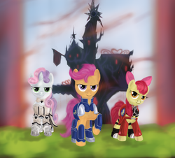 Size: 1344x1216 | Tagged: safe, artist:kwendynew, apple bloom, scootaloo, sweetie belle, pony, g4, castle, cutie mark crusaders, fate/stay night, trio