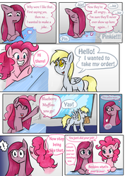 Size: 2480x3508 | Tagged: safe, artist:drhikari, derpy hooves, pinkie pie, pegasus, pony, comic:dealing with depression, g4, comic, female, food, high res, mare, muffin, paper bag, pinkamena diane pie