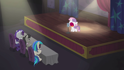 Size: 1920x1080 | Tagged: safe, edit, edited screencap, screencap, dj pon-3, octavia melody, rarity, sweetie belle, vinyl scratch, bloom & gloom, g4, microphone, spotlight, sweetie derelle, wallpaper