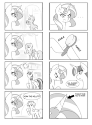 Size: 1280x1747 | Tagged: safe, artist:jonfawkes, applejack, fluttershy, spike, sunset shimmer, twilight sparkle, alicorn, earth pony, pegasus, pony, g4, 30 minute art challenge, 4koma, brush, comic, dexterous hooves, dialogue, female, hilarious in hindsight, in the human world for too long, magic, mare, monochrome, speech bubble, twilight sparkle (alicorn), wing hands