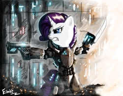 Size: 4096x3176 | Tagged: safe, artist:einik, rarity, pony, g4, bipedal, female, gun, solo