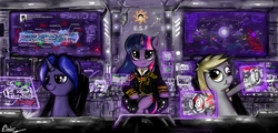 Size: 5068x2432 | Tagged: safe, artist:einik, derpy hooves, twilight sparkle, oc, pegasus, pony, g4, :t, bedroom eyes, clothes, female, hologram, looking at you, mare, screen, sitting, smiling, smirk, spaceship, uniform