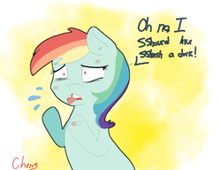 Size: 938x720 | Tagged: artist needed, safe, rainbow dash, g4, female, gap teeth, injured, solo, sweatdrop, tongue out