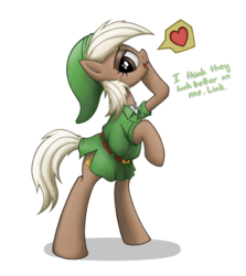 Size: 1390x1560 | Tagged: safe, artist:anearbyanimal, earth pony, pony, bipedal, clothes, crossover, cute, dialogue, dress, epona, eponadorable, epony, female, hat, heart, mare, ponified, simple background, skirt, the legend of zelda, transparent background, triforce, tunic