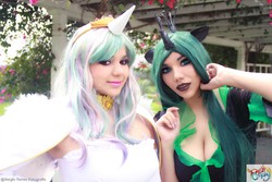 Size: 1600x1067 | Tagged: safe, artist:dashcosplay, princess celestia, queen chrysalis, human, g4, cleavage, clothes, cosplay, dress, female, irl, irl human, photo