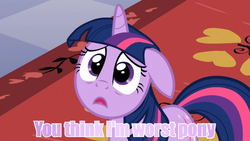 Size: 640x360 | Tagged: safe, edit, edited screencap, screencap, twilight sparkle, pony, unicorn, g4, bronybait, female, floppy ears, image macro, meme, purple text, sad, solo, unicorn twilight, worst pony