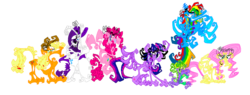 Size: 8126x3085 | Tagged: safe, artist:shmelluloidstudios, applejack, fluttershy, pinkie pie, rainbow dash, rarity, spike, twilight sparkle, alicorn, pony, g4, female, mane seven, mane six, mare, nightmare fuel, stylized, twilight sparkle (alicorn), wat