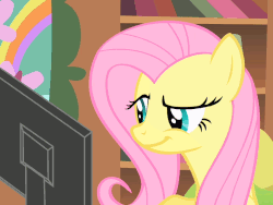 Size: 960x720 | Tagged: safe, edit, edited screencap, screencap, fluttershy, a bird in the hoof, g4, always works, animated, dreamworks face, female, fluttertroll, grin, monitor, raised eyebrow, reaction image, smiling, smirk, trollface