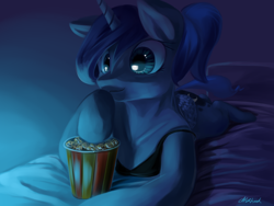 Size: 1600x1200 | Tagged: safe, artist:chickhawk96, princess luna, semi-anthro, g4, alternate hairstyle, arm hooves, bed, breasts, clothes, cute, dark, female, hoof hold, lunabetes, lying down, ponytail, popcorn, prone, smiling, solo, tank top