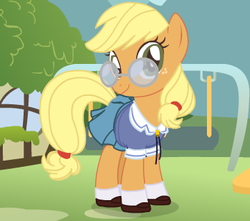 Size: 360x318 | Tagged: safe, applejack, g4, bad edit, clothes, female, glasses, schoolgirl, shoes, solo, uniform