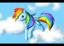 Size: 1331x976 | Tagged: safe, artist:vampirelili, rainbow dash, pegasus, pony, g4, cloud, cloudy, female, flying, mare, solo