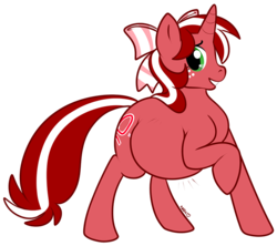 Size: 800x709 | Tagged: safe, artist:muzz, oc, oc only, oc:red ribbon, pony, unicorn, belly, bow, chubby, fat, freckles, green eyes, grin, jiggle, solo