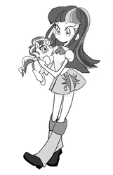 Size: 472x734 | Tagged: safe, artist:memoneo, sunset shimmer, twilight sparkle, pony, equestria girls, g4, grayscale, holding a pony, monochrome, tiny ponies