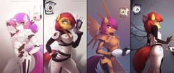 Size: 5120x2160 | Tagged: safe, artist:antiander, apple bloom, babs seed, scootaloo, sweetie belle, android, cyborg, earth pony, gynoid, pegasus, robot, unicorn, anthro, g4, aperture science, apple bloom bot, ass, bot seed, butt, collage, crossover, cutie mark crusaders, female, hand on hip, heart eyes, high res, horn, looking back, personality core, portal (valve), portal gun, roboticization, scootabot, smiling, sultry pose, sweetie bot, wallpaper, wheatley, widescreen, wingding eyes