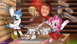 Size: 900x518 | Tagged: safe, artist:yinlin1994, pinkie pie, g4, buranovskie babushki, crossover, eurovision song contest, male, mordecai, mordecai and rigby, party, party for everybody, regular show, rigby (regular show), russian