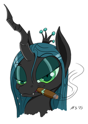 Size: 1205x1680 | Tagged: source needed, safe, artist:almar, queen chrysalis, changeling, changeling queen, g4, bust, cigar, female, looking at you, smiling, smoke, teeth