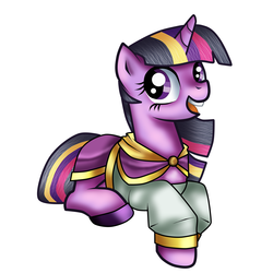 Size: 2000x2000 | Tagged: safe, artist:paintedhooves, twilight sparkle, g4, cosplay, crossover, female, high res, jaina proudmoore, looking at you, open mouth, prone, rainbow ponies, smiling, solo, warcraft