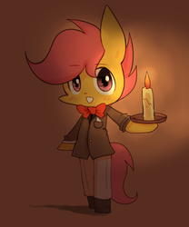 Size: 1000x1200 | Tagged: safe, artist:joycall6, scootaloo, anthro, g4, bowtie, candle, chibi, clothes, cute, cutealoo, dress pants, female, fire, solo, suit