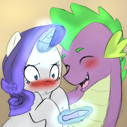 Size: 1024x1024 | Tagged: safe, artist:kianamai, artist:mrs89fluffy, color edit, edit, rarity, spike, kilalaverse, g4, blushing, colored, eyes closed, female, frown, magic, male, open mouth, pregnancy test, ship:sparity, shipping, smiling, straight, telekinesis, wide eyes