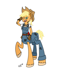 Size: 1500x1600 | Tagged: safe, artist:novaspark, applejack, centaur, ponytaur, anthro, g4, anthro centaur, centaurjack, female, overalls, solo