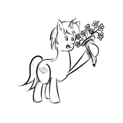 Size: 3000x3000 | Tagged: safe, artist:dustph0enix, oc, oc only, oc:dust, pony, unicorn, amateur, black and white, flower, grayscale, high res, monochrome, sketch, solo