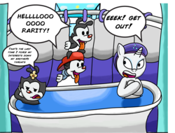 Size: 3441x2618 | Tagged: safe, artist:saburodaimando, rarity, pony, unicorn, g4, animaniacs, bath, dot warner, female, freak out, hat, high res, male, mare, shower cap, wakko warner, we don't normally wear clothes, yakko warner