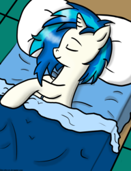 Size: 844x1098 | Tagged: safe, artist:mylittlearts, dj pon-3, vinyl scratch, g4, bed, bedsheets, cute, eyes closed, floor, pillow, sleeping, sleepy