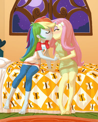 Size: 771x960 | Tagged: safe, artist:carnifex, fluttershy, rainbow dash, human, equestria girls, g4, barefoot, bed, bedroom, blushing, clothes, commission, dress, duo, eyes closed, eyeshadow, feet, female, holding hands, kiss on the lips, kissing, lesbian, pajamas, ship:flutterdash, shipping, sitting, toes, window