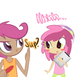 Size: 1000x1000 | Tagged: safe, artist:tentacuddles, ruby pinch, scootaloo, human, ask pinchy, g4, ask, duo, duo female, female, hat, humanized, ipad, simple background, transparent background, tumblr