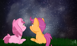 Size: 1280x764 | Tagged: safe, artist:tentacuddles, ruby pinch, scootaloo, ask pinchy, g4, ask, night, stargazing, stars, tumblr