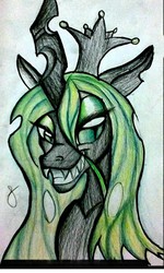 Size: 630x1048 | Tagged: safe, artist:spirodraw, queen chrysalis, changeling, changeling queen, g4, bust, crown, female, grin, jewelry, regalia, sharp teeth, smiling, solo, teeth, traditional art