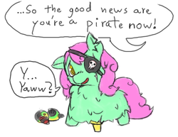 Size: 568x438 | Tagged: safe, artist:squeakyfriend, fluffy pony, parrot, amputee, cute, eyepatch, hugbox, looking at you, open mouth, peg leg, pirate, prosthetic leg, prosthetic limb, prosthetics, scar, smiling, solo, you are a pirate