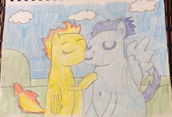 Size: 800x544 | Tagged: safe, artist:vazquezg19, soarin', spitfire, g4, female, male, ship:soarinfire, shipping, straight, traditional art