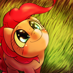 Size: 1000x1000 | Tagged: dead source, safe, artist:ushiro no kukan, pinkie pie, earth pony, pony, g4, alternate color palette, blushing, crying, cute, diapinkes, female, grass, green eyes, happy, looking up, mare, smiling, solo, tears of joy, teary eyes, weapons-grade cute