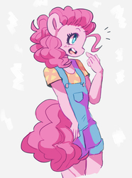 Size: 2520x3384 | Tagged: safe, artist:queen-fia, pinkie pie, earth pony, anthro, g4, cute, diapinkes, female, high res, no pupils, open mouth, overalls, profile, solo