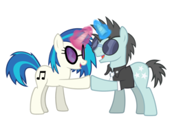 Size: 2016x1440 | Tagged: safe, artist:sapphireartemis, dj pon-3, neon lights, rising star, vinyl scratch, pony, unicorn, g4, female, glowing horn, hoofbump, horn, male, mare, ship:vinylights, shipping, simple background, stallion, straight, transparent background