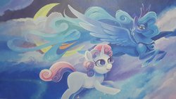 Size: 1280x720 | Tagged: safe, artist:valzeras, princess luna, sweetie belle, for whom the sweetie belle toils, g4, cloud, cloudy, moon