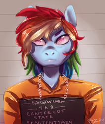 Size: 1019x1200 | Tagged: dead source, safe, artist:jupltercandy, rainbow dash, anthro, g4, clothes, female, frown, mugshot, prison outfit, prisoner, prisoner rd, project: csp, solo