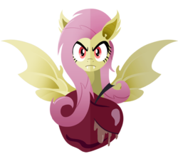 Size: 600x536 | Tagged: safe, artist:ii-art, fluttershy, bat pony, pegasus, pony, g4, apple, bat wings, fangs, female, flutterbat, food, hooves, lineless, looking at you, mare, simple background, solo, spread wings, transparent background, wings