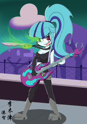 Size: 1280x1815 | Tagged: safe, artist:lightningnickel, sonata dusk, equestria girls, g4, belly button, cleavage, clothes, crossover, danny phantom, ember mclain, female, guitar, looking at you, midriff, open mouth, solo, tank top
