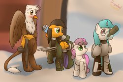 Size: 1280x855 | Tagged: safe, artist:the-furry-railfan, sweetie belle, oc, oc:bloodbeak, oc:minty candy, oc:twintails, cyborg, griffon, pegasus, pony, robot, robot pony, unicorn, fallout equestria, fallout equestria: occupational hazards, g4, armor, b.a.r., balefire egg launcher, clothes, drinking, gun, rifle, ruins, snow, story, story included, sweetie bot, tommy gun, trigger discipline