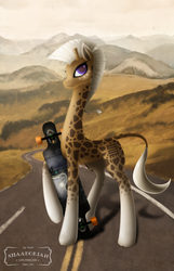 Size: 2066x3200 | Tagged: safe, artist:shaadorian, zecora, oc, giraffe, zebra, g4, high res, hill, reflection, road, skateboard