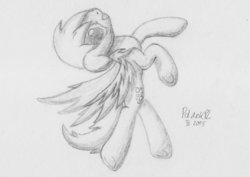 Size: 1063x751 | Tagged: safe, artist:poldekpl, derpy hooves, pegasus, pony, g4, backflip, female, flying, happy, monochrome, pencil drawing, solo, traditional art