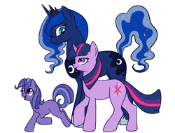 Size: 555x421 | Tagged: safe, artist:lulubell, princess luna, twilight sparkle, oc, oc:moonlight eve, pony, unicorn, g4, family, female, lesbian, magical lesbian spawn, next generation, offspring, parent:princess luna, parent:twilight sparkle, parents:twiluna, ship:twiluna, shipping, simple background, white background